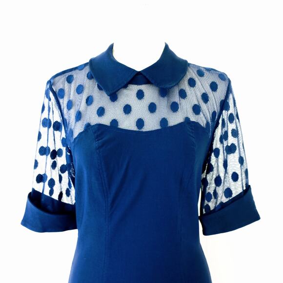 Belle Poque Elegant Retro Style Navy Pencil Dress Polka Dots Small NWT - Picture 2 of 12